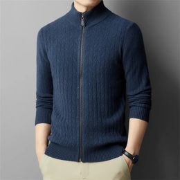 Men s Jackets High grade Korean Wool Zipper Fall Winter Cardigan Thick Warm Knit Jacquard Jacket Stand Collar Sweater Base Coat 231101