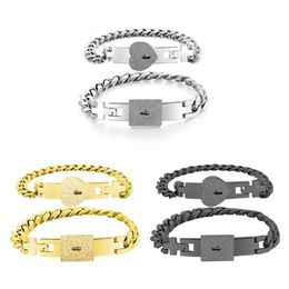 2pcs Tone Stainless Steel Lover Heart Love Lock Bracelet with Lock Key Bangles Kit Couple Gift Q0717301C