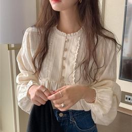 Women's Blouses Blusas Femininas Retro Pleated O Neck Shirt Women Tops Spring Mujer Korean OL White Lady Sweet