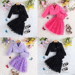 Fashion Kids Clothing Party Two Piece Set 2023 Fall Long Sleeve Suit Crop Top And Princess Long Dress Cute Skirt Sets Outfit