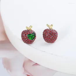 Stud Earrings European And American Tide Brand Jewelry Wholesale Three-Dimensional Red Fruit Shape Inlaid Green Love Asymmetric