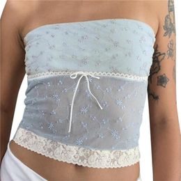 Women's Tanks Summer Lace Tube Top Y2k Aesthetic Women Floral Print Off Shoulder Strapless Sleeveless With Bow 2000s Clothing Streetwear
