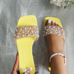 Slippers Med Thick Heel Woman Bling Crystal Sandals Open Toe Slides Beach Flipflops Ladies Bridal Evening Party Shoes Summer