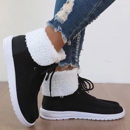 Boots Leisure Warm Lamb Wool Snow Women Lace Up Thick Plush Winter Ankle Woman Flat Heels Non-Slip Cotton Padded Shoes