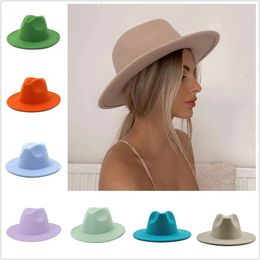 Wide Brim Hats Bucket Hats Classical Wool Felt Wide Brim Fedora Hat Pearl Belt Pink Solid Caps Men Women Winter Derby Wedding Church Jazz Hats 231101