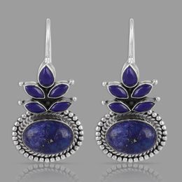 Dangle Earrings & Chandelier Retro National Round Stone Women's Fashionable Metal Jewelry Silver Water Bead Carving Blue Pendant Earring