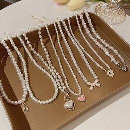 Chains Korea Pearl Necklace Women's Wild Love Clavicle Chain Beaded Heart Pendant Wedding Party Jewellery Wholesale