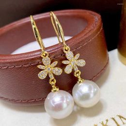 Dangle Earrings 9-11MM Natural Freshwater Pearl With 18K Flowers Holiday Gifts Diy Ear Stud Easter Cultured Wedding Classic