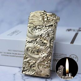 Lighters New Creative Embossed Dragon Kerosene Lighter Double-sided Engraved Metal Thin Grinding Wheel Men's Gift