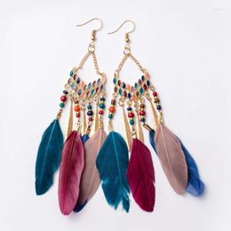 Dangle Earrings Women's Colourful Feather Beaded Bohemian Long Drop Fashionable Elegant Modern Tassels Ins Fashion