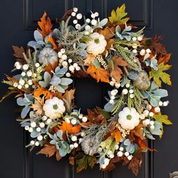 Decorative Flowers Wreaths Maple Leaf Pumpkin Wreath for Halloween Christmas Thanksgiving Decor Autumn Door Hanging Wreath for Indoor Outdoor Wall 231102