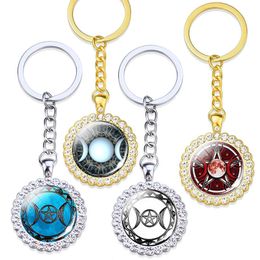 Keychains Triple Moon Pentagram Keychain Glass Cabochon Rhinestone Goddess Jewellery Occult Gothic Wicca Keyring Keyholder