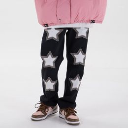 Men's Jeans Embroidery Stars Patchwork Pants Men And Women Streetwear Straight Washed Harajuku Denim Trousers Hip Hop Ripped