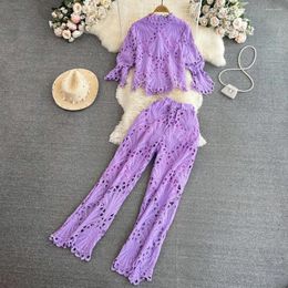 Women's Two Piece Pants 2 Sets Hook Flower Chic Womens Outfits Crochet Solid Colour Pieces Pant Set Hollow Out Korean Fashion Dropship