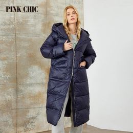 Women's Trench Coats PINK CHIC 2023 Winter Coat Women Down Jackets High Quality Dark Beige Warm Lace Up Hooded Long Version Parka Female