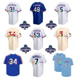 Corey Seager Adolis Garcia 2023 World Series Rangers Baseball Jersey Nolan Ryan Ivan Rodriguez Josh Jung Marcus Semien Jacob deGrom Max Scherzer Jonah Heim Size S-4XL