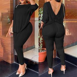 Women's Two Piece Pants Set Women Outfit Spring Fashion Twisted Backless Chain Decor Round Neck Top & Casual High Waist Long Pant Sets