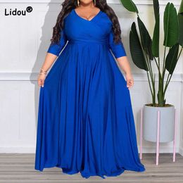 Evening Party Sexy Solid Colour V-Neck High Waist Three Quarter Sleeve Pullover Maxi Princess Dress Plus Size Women's Clothing