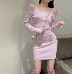 Work Dresses Women's French Style Off Shoulder Long Sleeve Zipper Slim Short Cardigan Mini Skirt Lady Two Pieces Knitted Set