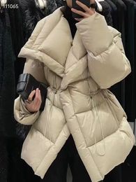 Women's Down Parkas 2023 Winter Large lapel Collar Elegant Parka White Duck Coats Drawstring Loose Office Lady Fashion Jacket 231102