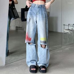 Jeans da donna dipinti a vita alta strappati da donna 2023 autunno pantaloni larghi larghi casual da donna pantaloni dritti in denim hip-hop streetwear