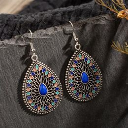 Dangle Earrings Retro Bohemian Ethnic Style Alloy Carving Hollow Water Drop Shaped Pendant For Women Trend Party Decoration Jewelry