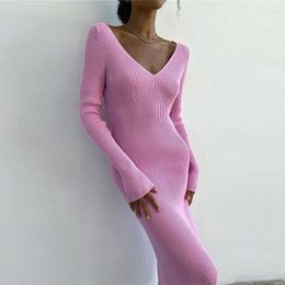 Casual Dresses French Style Knitted Long Sleeve Dress Women Elegannt Backless Party Autumn Vintage Sexy V Neck Slim Vestido 29295