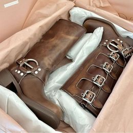 miui Shoe Knight Best-quality Belt High Boots Version Family Buckle Thick Heeled Womens Knee Length Boots Punk Western Cowboy Boots