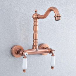 Kitchen Faucets Antique Red Copper Brass Wall Mounted Wet Bar Bathroom Vessel Basin Sink Cold Mixer Tap Swivel Spout Faucet Msf903