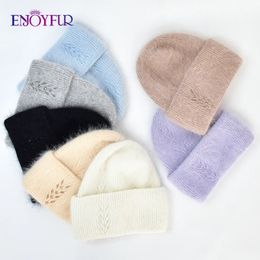 Beanie/Skull Caps ENJOYFUR Women Winter Knitted Hats Natural Angola Wool Cuffed Dome Cap For Female Fashion Stretch Casual Brand Beanies Gorro 231102