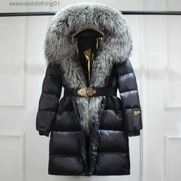 Women's Down Parkas Lagabogy 2023 Winter Women Warm Puffer Coat Fe Thick Down Jacket Luxury Long Outerwear Waterproof Belt Parkas Real Fur L231102