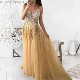 Maternity Dresses Yellow Sequin Mesh Maternity Dress V-neck Backless Sleeveless Dress Photo Photography Props Woman Wedding Banquet Dress Vestidos Q231102