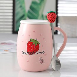 Mugs 1Pcs 450mL Cute Pink Strawberry Ceramic Cups With Lid And Spoon 3 Styles Large Capacity Milk Tea Juice Mug Gifts For Couples