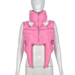 Women's Vests Pink Sexy Cut Out Cropped Puffer Jacket 2023 Autumn Winter Irregular Sleeveless Vest Y2K Turtleneck Quilted Bubble Coats 231102
