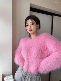 Women's Knits Imitation Mink Fleece Knitted Cardigan Sweet Pink Short Sweater Outwear 2023 Autumn/Winter French Style Fuzzy Coat