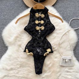 Nxy Chinese frog Lace Floral Bodysuits Ladies Transparent cheongsam Backless Short Playsuits Women Up Sexy Rompers 230328