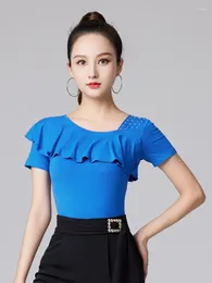 Stage Wear Solid Colour Latin Dance Costume Evening Tops Tango Jazz Rhinestones Waltz 2023 Belly Woman Short Sleeve Ruffle T-shirt