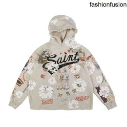 2023 Sweatshirt Saint Michael Hand-painted Aged Graffiti Hoodie Ins Unisex Sweater