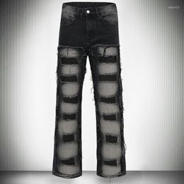 Men's Jeans High Street Water Wash Patchwork Black Zipper Worn Motorcycle Pants Micro Flared Men Skinny