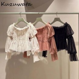 Women's Blouses Kuzuwata Slash Neck Puff Sleeve Elegant Solid Shirt Simple Sweet Patchwork Japan Voile Shoulder Strapless Blusas