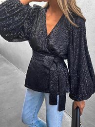 Women's Blouses Women Sexy Solid Colour Glitter Lantern Sleeve Tied Detail Sequin Blouse