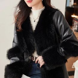 Women's Fur Faux Leather Stitching Winter Coat Women High Quality Cardigan Short Outercoat Lady Party Elegant Outfits 2023