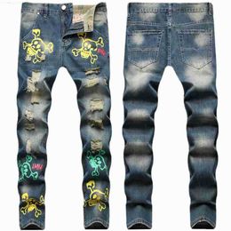 Men's Jeans 2022 Autumn New Street Distressed Nostalgic Color Digital Print Skull Head Small Straight Mid Rise Jeans for Men