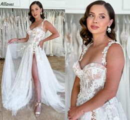 Western Country Floral Lace Bohemian Wedding Dresses Romantic Tulle A Line Arabic Aso Ebi Plus Size Bridal Gowns Sexy Thigh Split Spaghetti Straps Vestidos CL2870