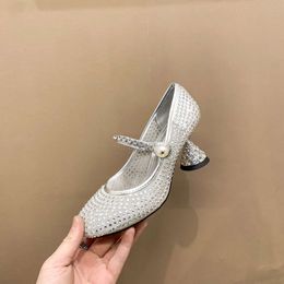 miui Best-quality Mesh Crystal Breathable Shiny Shoe Mary Home Jane High Heels Womens Temperament Wine Cup Heels 6cm Silver Rhinestone Single Shoes Women