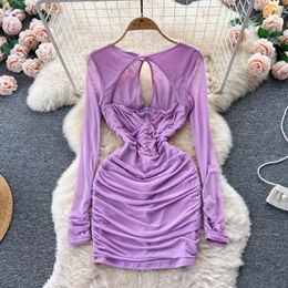 Casual Dresses Sexy Cut Out Front See Through Mesh Long Sleeve Bodycon Dress Women Fashion Summer O Neck Ruched Slim Party Night Clubwear