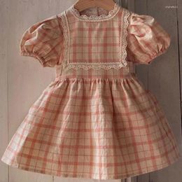 Girl Dresses Baby Summer Plaid Puff Sleeve Dress Kids Lace Stitching Cotton Princess