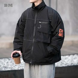 Men's white duck down winter jacket fashionable street clothing reflective at night fluffy Harajuku clothing