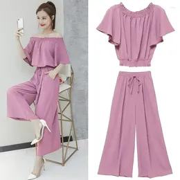 Women's Two Piece Pants Women 2023 Summer Chiffon 2 Set Female Slash Neck Short Sleeve Blouses Stretch Waist Wide Leg Fashion Suits E64