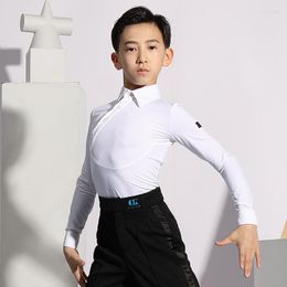 Stage Wear 2023 Boys Latin Dance Tops White Long Sleeve Practise Clothes Ballroom Dancing Competition Performance DN7879